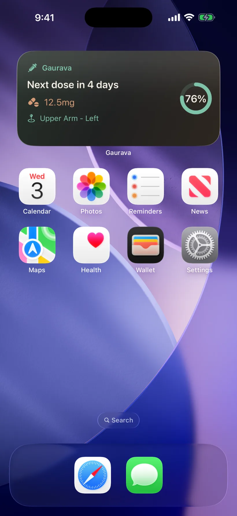 iPhone Home Screen in dark mode with the Gaurava widget: next dose in 4 days, 12.5 mg, upper arm left, 76 percent toward goal.