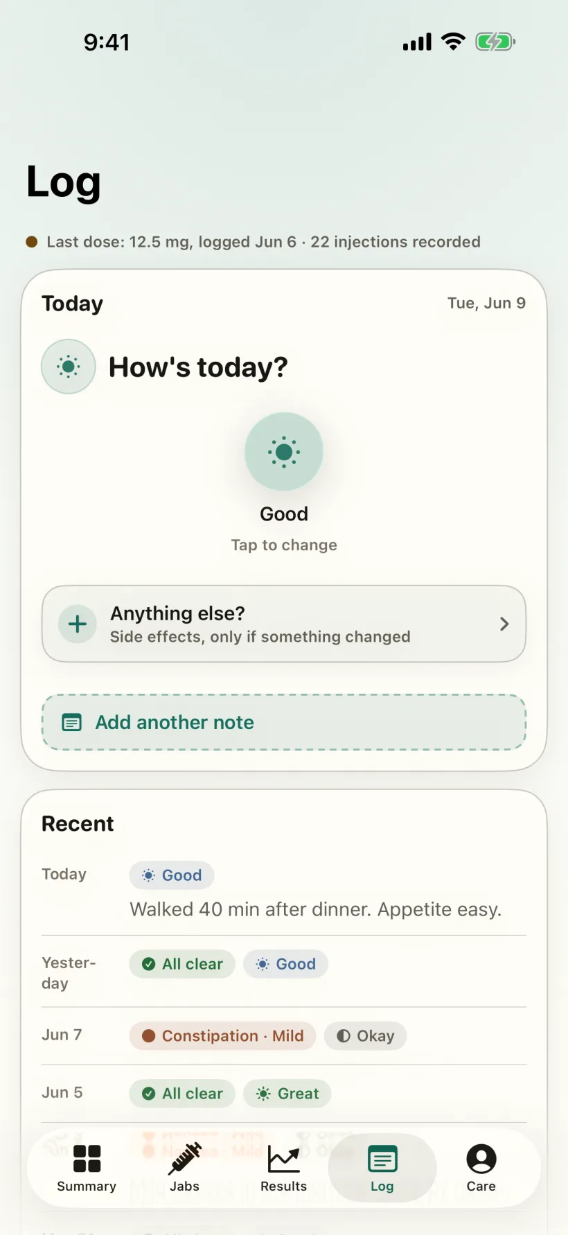 Gaurava Log screen: today's one-tap check-in showing a calm Good mood, an Anything-else side-effect prompt, a note, and a recent timeline of days.