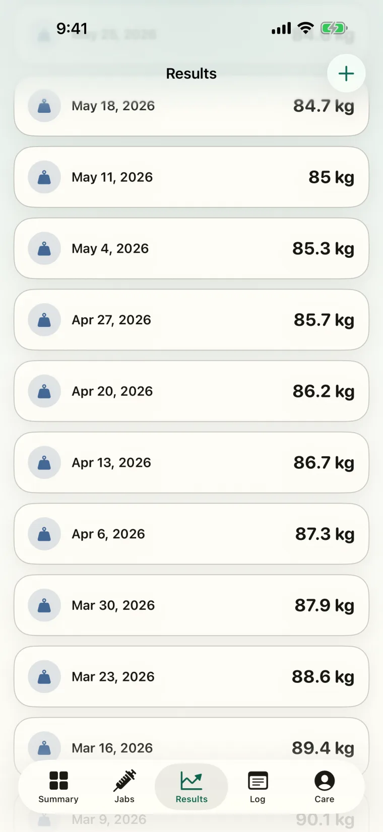 Gaurava Results list of weigh-ins by date, each entry showing weight in kilograms.