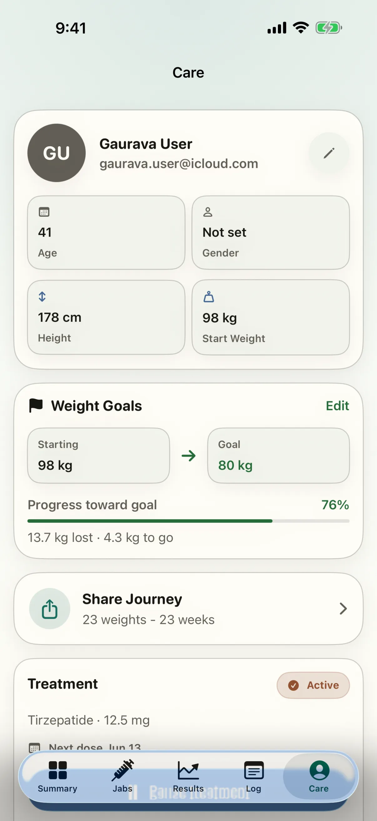 Gaurava Care screen showing Semaglutide selected, planned dose choices, injection day, site rotation, and reminder settings.